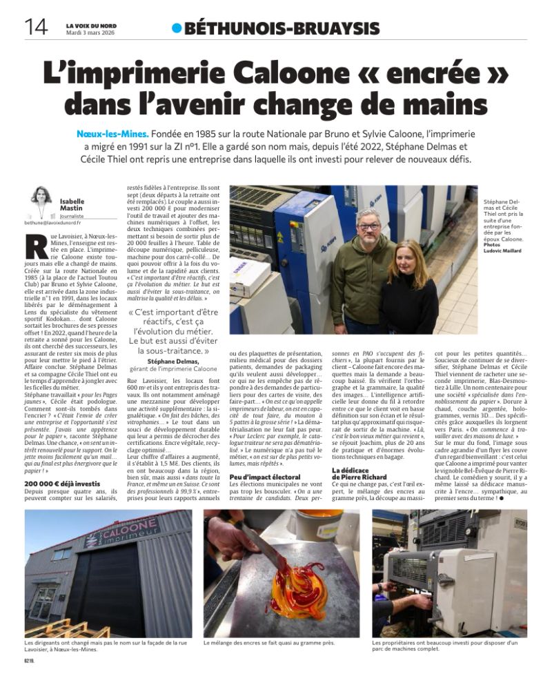 Article la voix du nord sur l'imprimerie Caloone