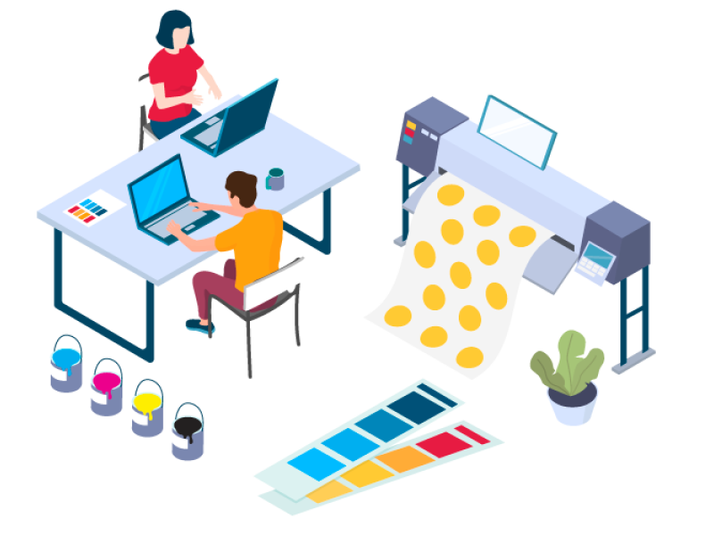 Illustration deux personnes travaillant dans une imprimerie