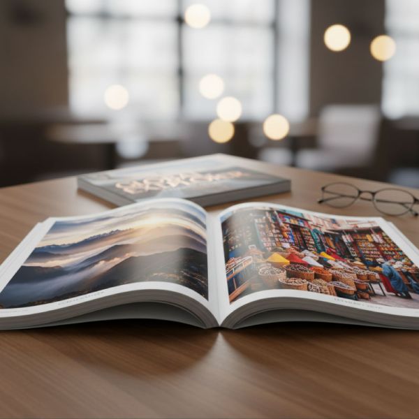 Impression de magazine illustration d'un magazine sur une table en bois marron