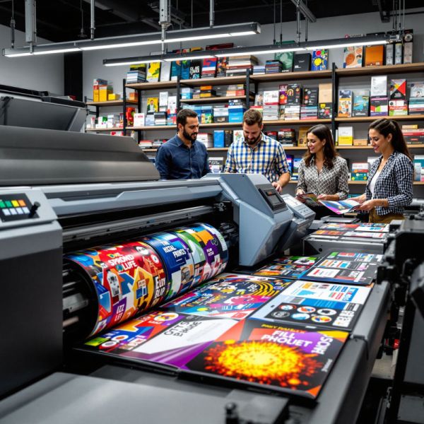 1er plan une imprimante numérique avec dans le fond de l'image une équipe qui contrôle les brochures