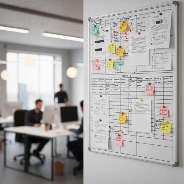 Tableau de retro planning pour impression de magazine dans une grand bureau clair 
