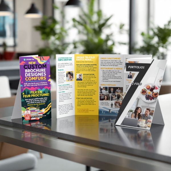 Dépliants imprimés dans la métropole Lilloise et posés sur un bureau en verre