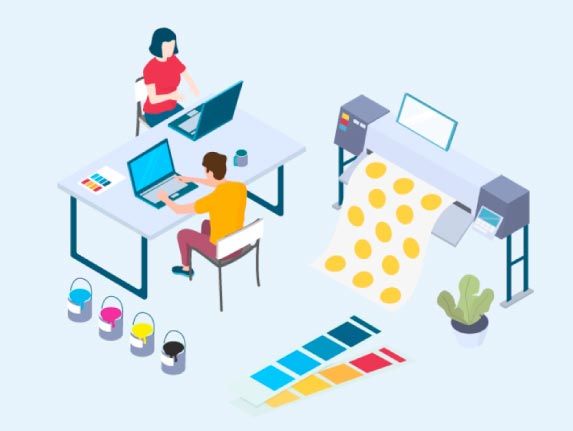 Illustration représentant deux imprimeurs sur une machine d'impression grand format