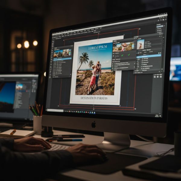 Vue d'un écran Imac avec un graphiste réalisant une maquette de magazine avant impression